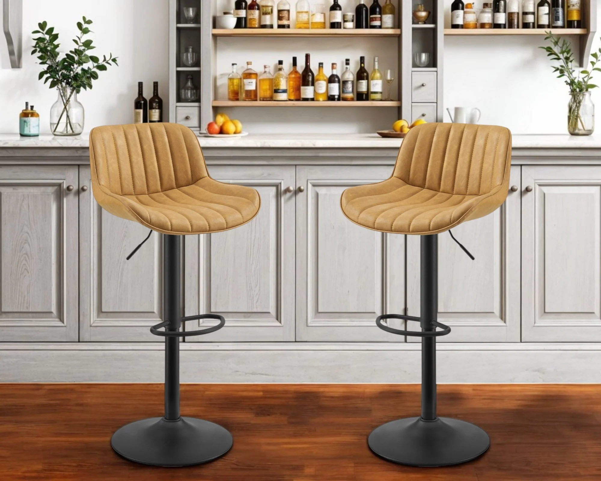 Set of Two Yellow And Black Faux Leather And Steel Swivel Low Back Adjustable Height Bar Chairs By Homeroots - Image 7