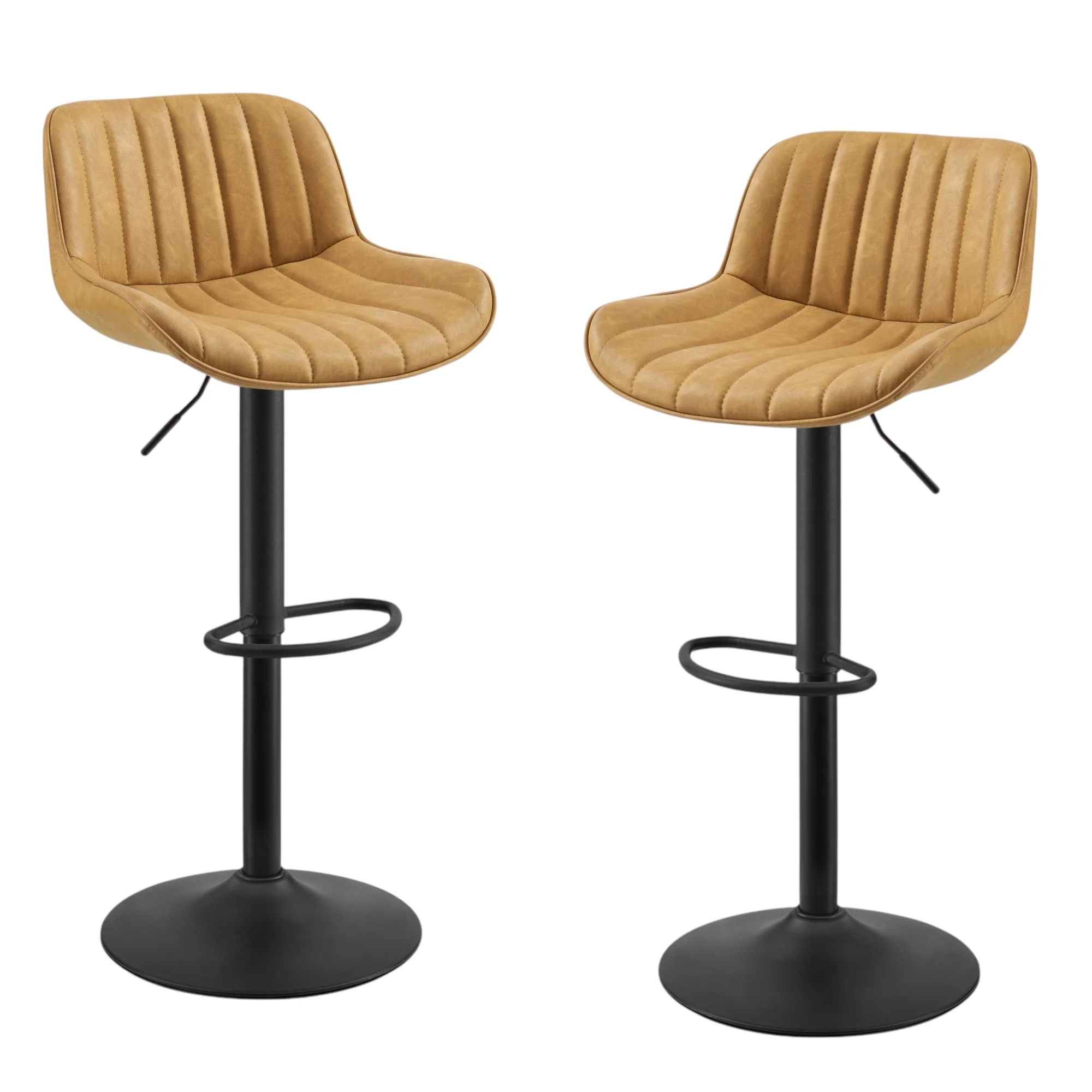 Set of Two Yellow And Black Faux Leather And Steel Swivel Low Back Adjustable Height Bar Chairs By Homeroots - Image 8