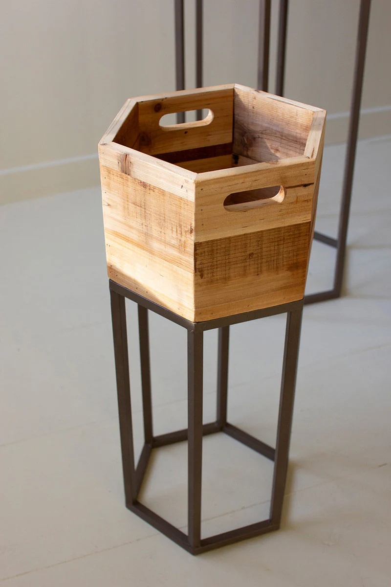 Set Three Hexagon Recycled Wood Planters On Metal Bases By Kalalou - Image 2