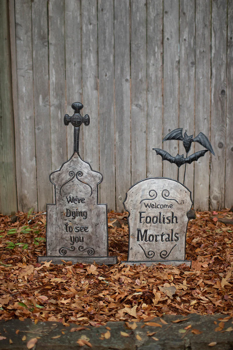 Set Two Hand-Hammered & Painted Metal Tombstone Yard Stakes By Kalalou - Image 2