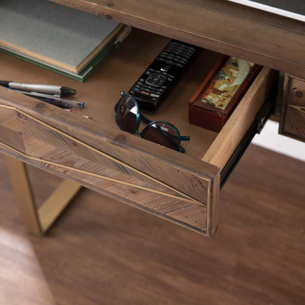 Shades of Brown and Gold Reclaimed Wooden Desk By Homeroots - Image 2