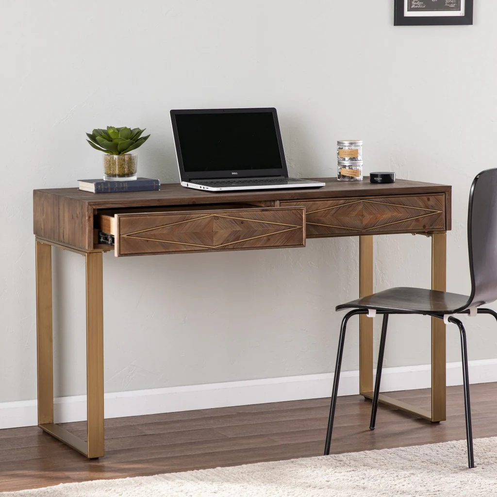 Shades of Brown and Gold Reclaimed Wooden Desk By Homeroots - Image 3
