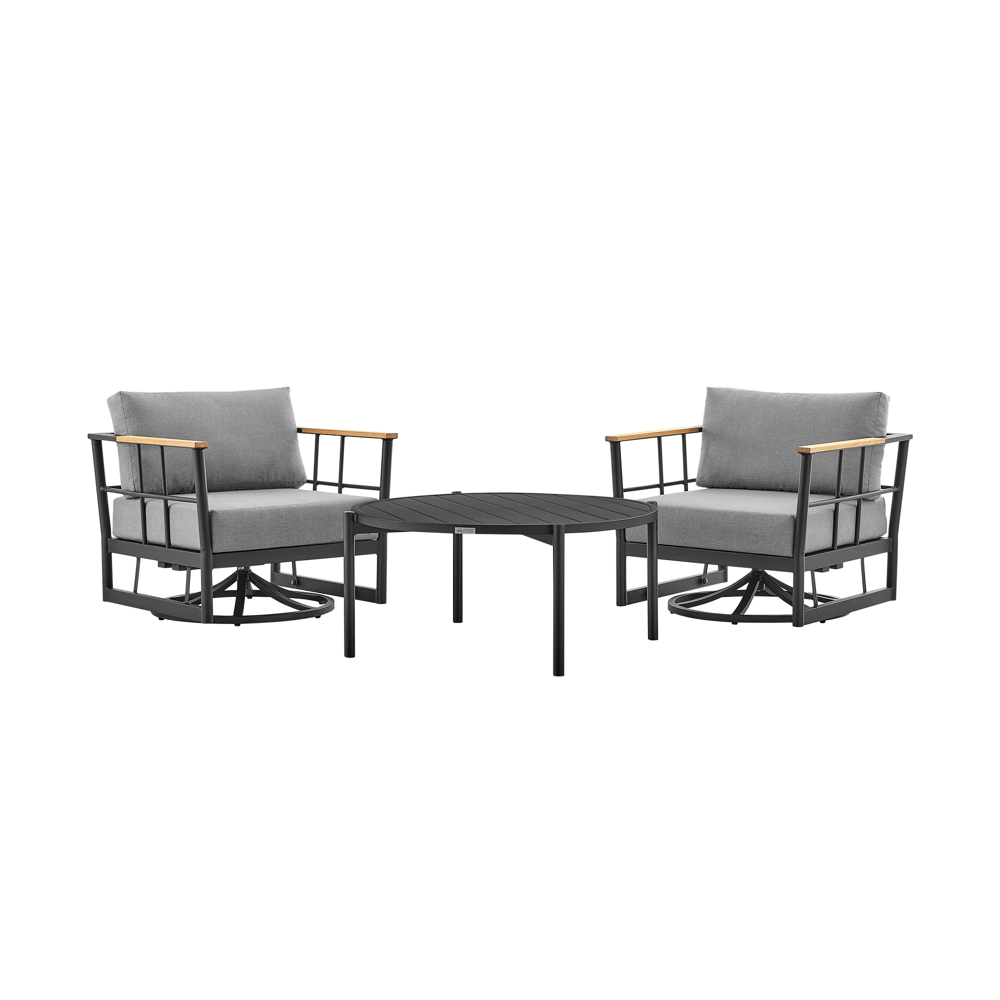 Shari and Tiffany 3 Piece Patio Outdoor Swivel Seating Set in Black Aluminum with Grey Cushions By Armen Living - Image 2