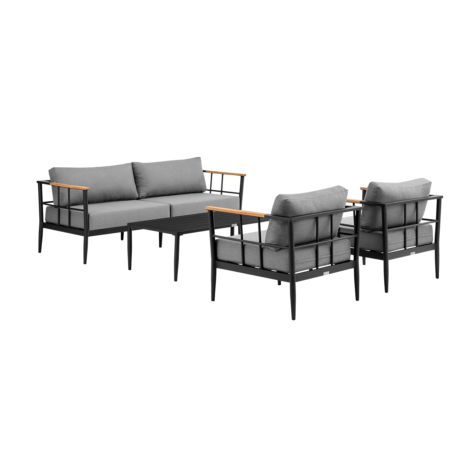Shari Outdoor Patio 4-Piece Lounge Set in Aluminum with Teak Wood and Grey Cushions By Armen Living - Image 2