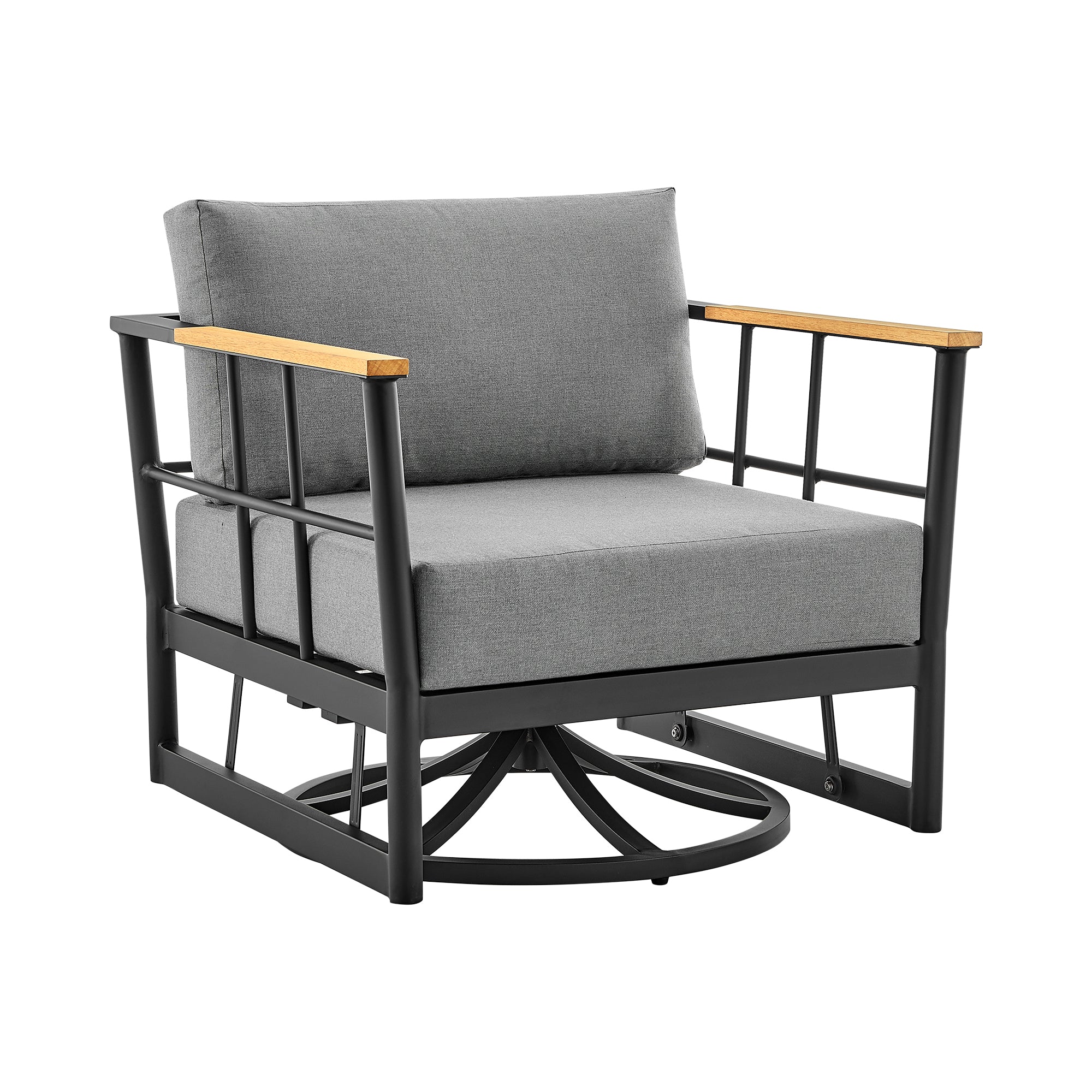 Shari Outdoor Patio Swivel Glider Lounge Chair in Black Aluminum and Teak Wood with Cushions By Armen Living - Image 2