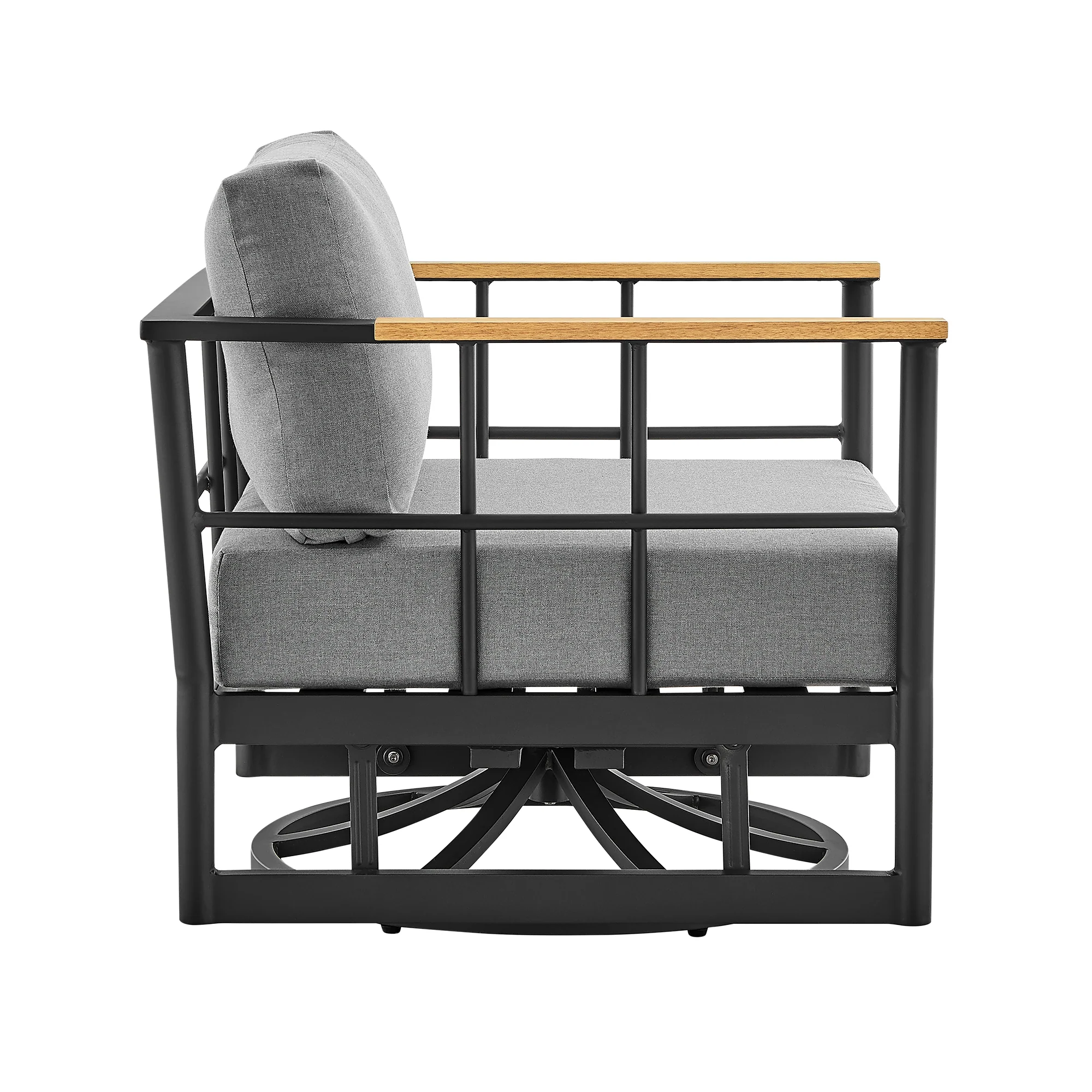 Shari Outdoor Patio Swivel Glider Lounge Chair in Black Aluminum and Teak Wood with Cushions By Armen Living - Image 4