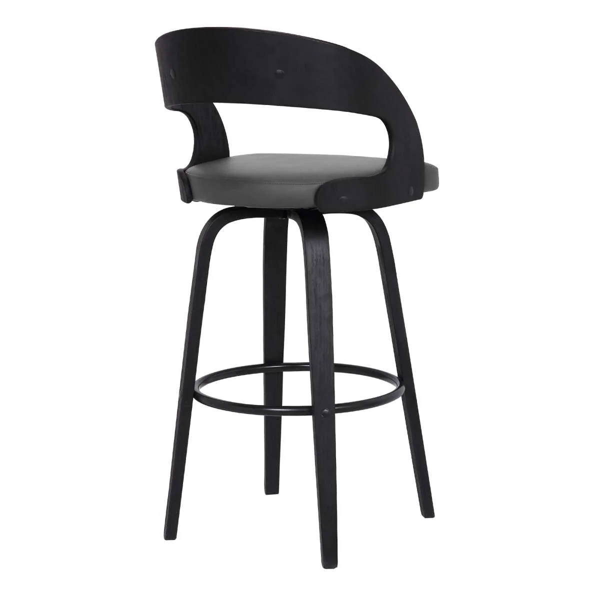 Shelly 30" Bar Height Swivel Grey Faux Leather and Black Wood Bar Stool By Armen Living - Image 3