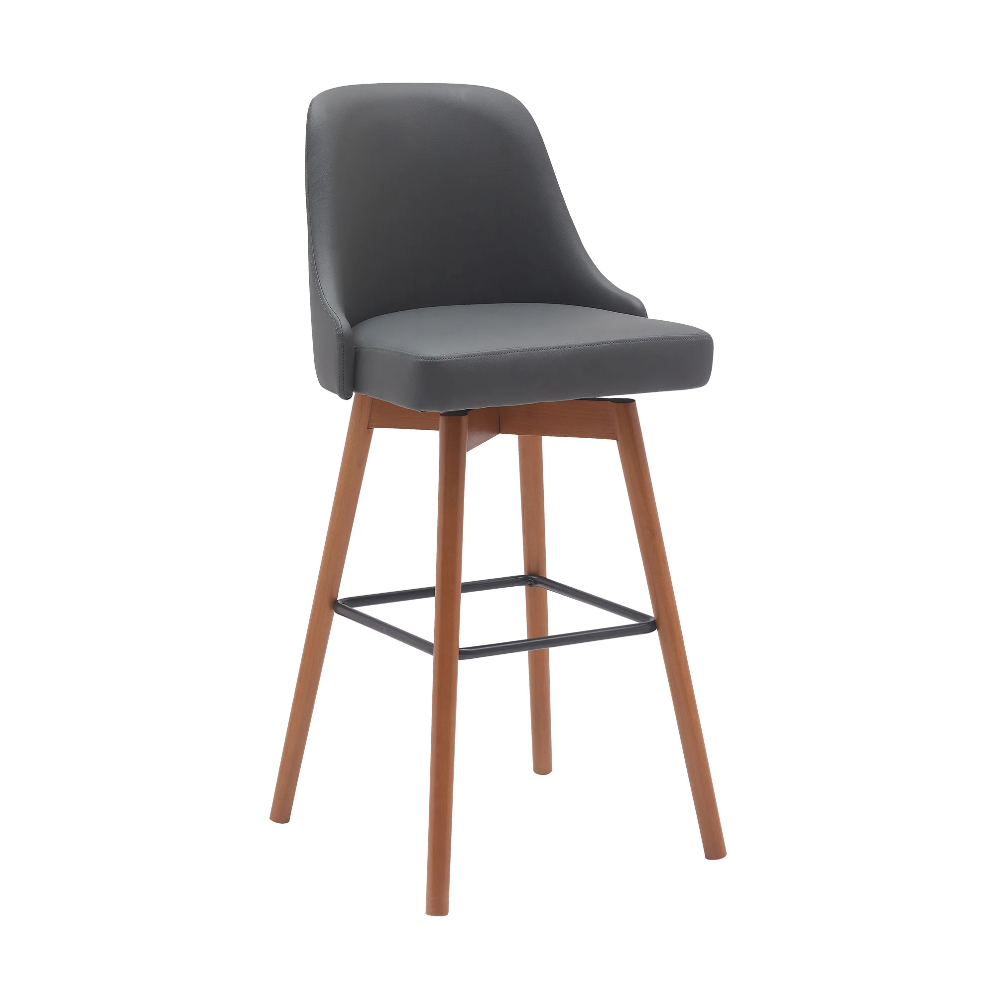 Sicily 30" Swivel Walnut Wood Bar Stool in Gray Faux Leather By Armen Living - Image 2