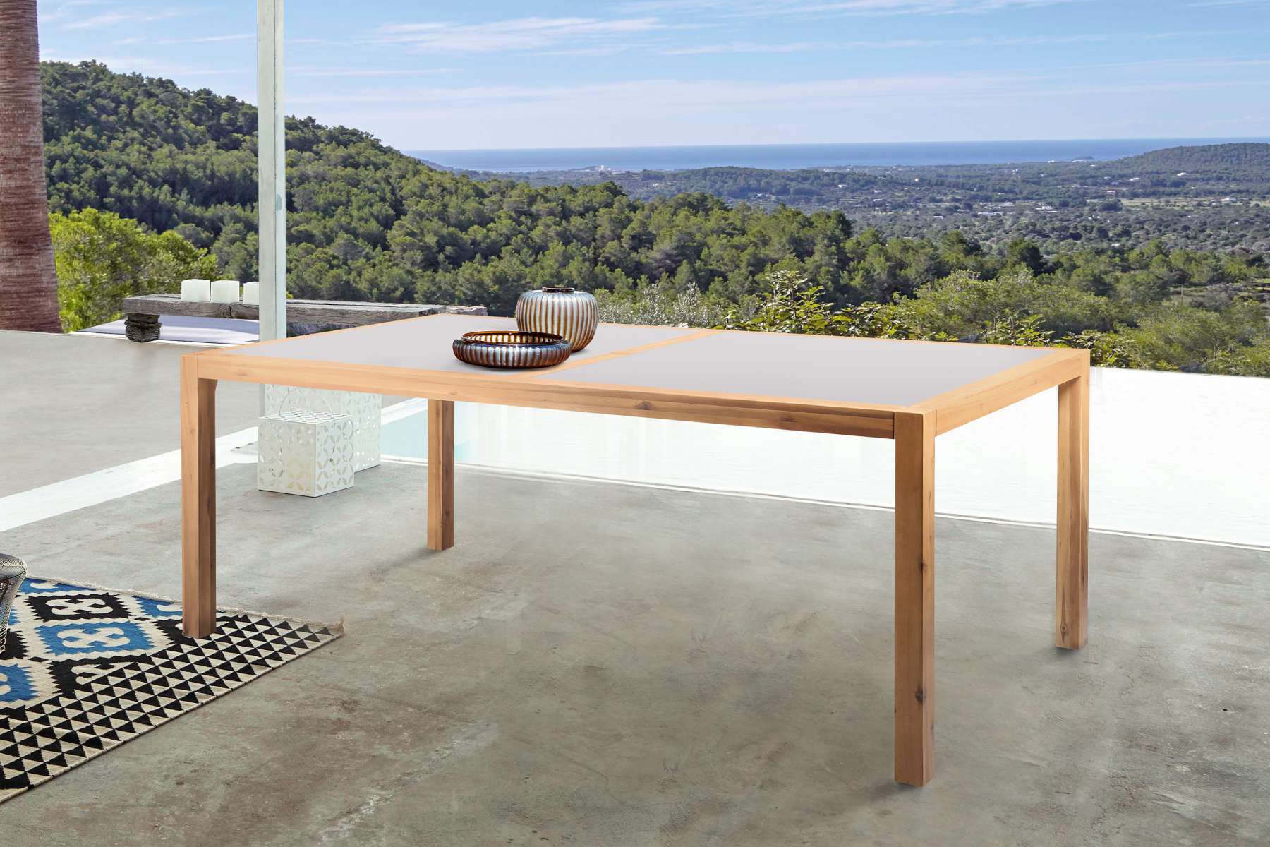 Sienna Outdoor Eucalyptus Dining Table with Teak Finish and Grey Super Stone Top By Armen Living - Image 9