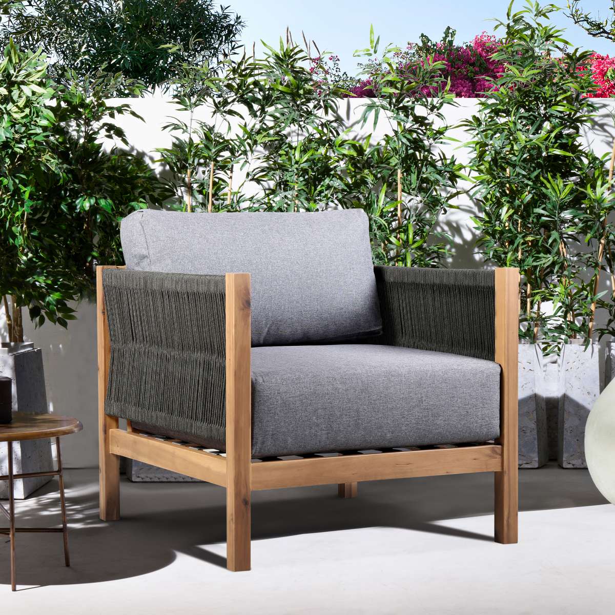 Sienna Outdoor Eucalyptus Lounge Chair in Teak Finish with Grey Cushions By Armen Living - Image 9