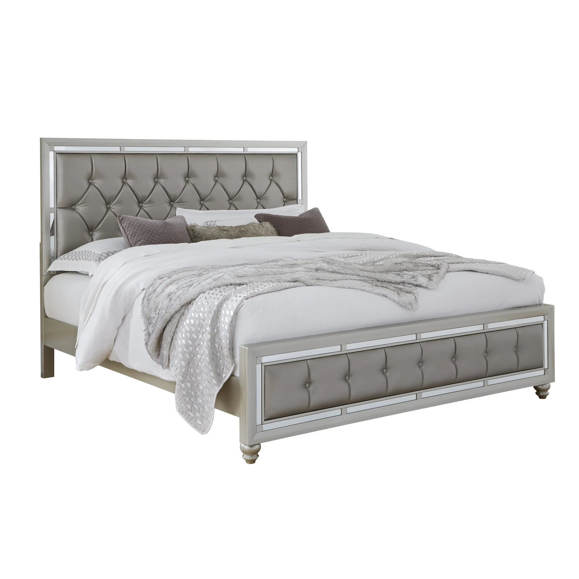 Silver Champagne Tone Full Bed Padded Headboard Padded Footboard Mirror Trim Accents By Homeroots - Image 3