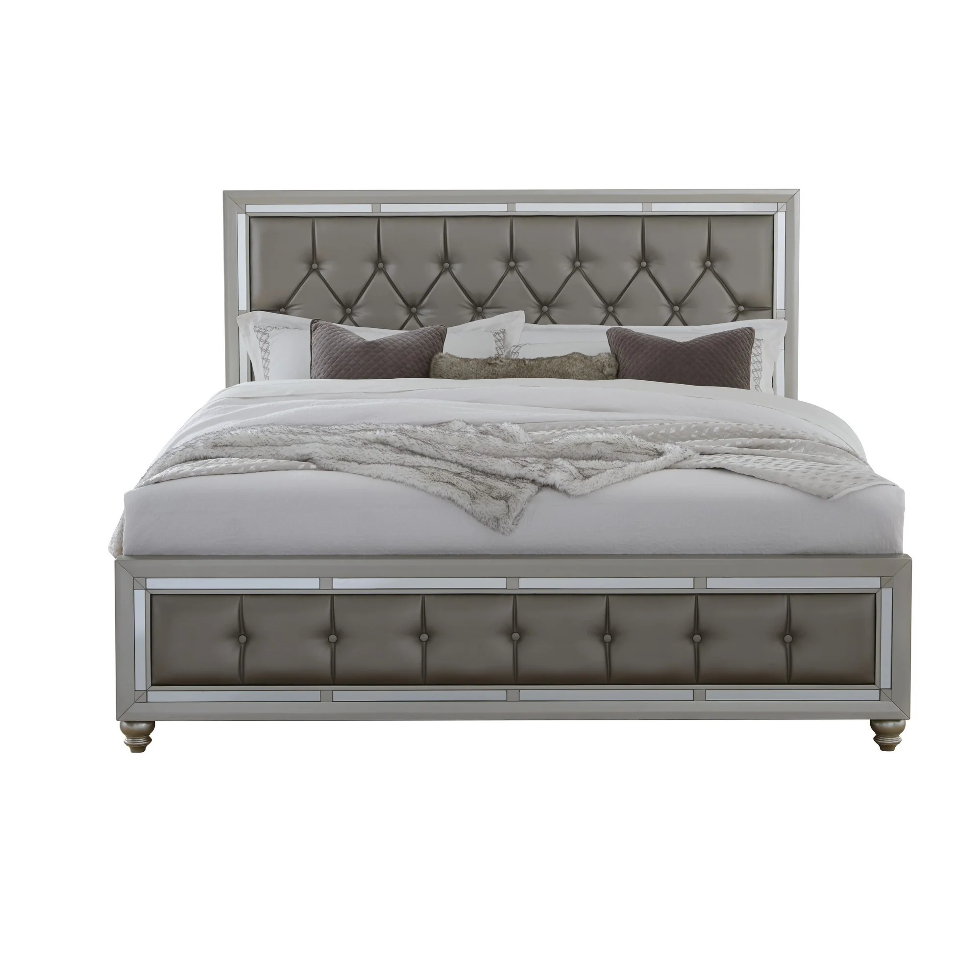 Silver Champagne Tone Queen Bed Padded Headboard Padded Footboard Mirror Trim Accents By Homeroots - Image 2