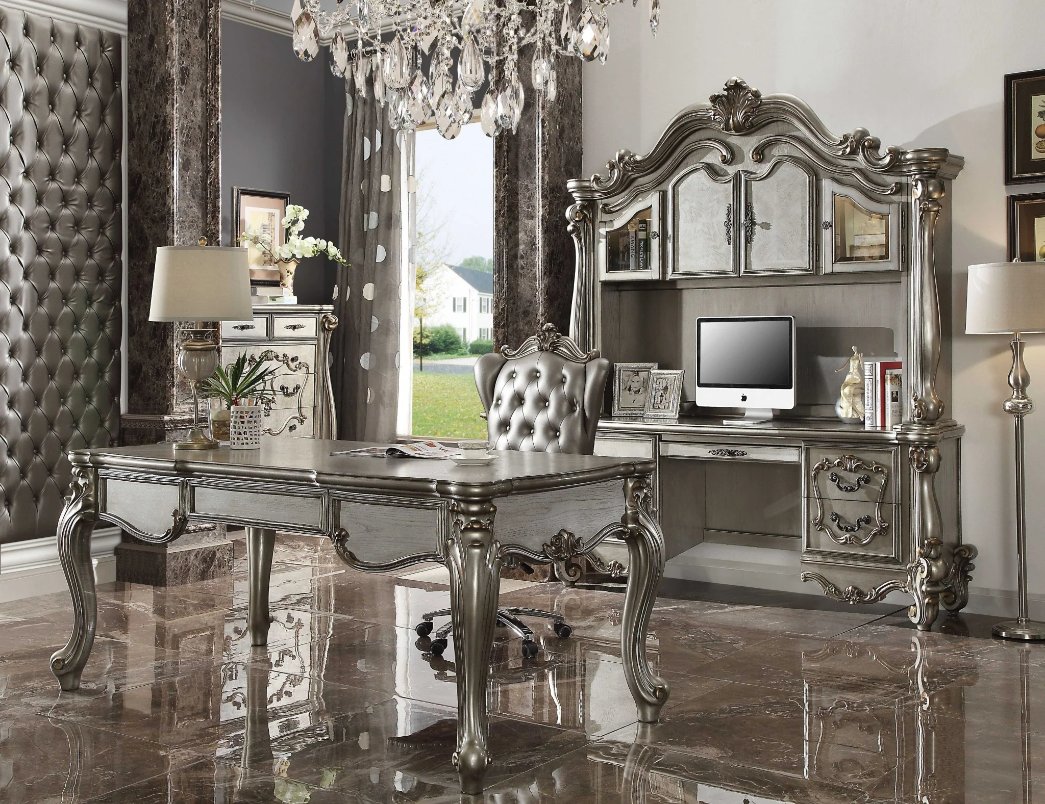 Silver Fau Leather Upholstery Finish Antique Platinum Eecutive Chair with Swivel and Lift By Homeroots - Image 4