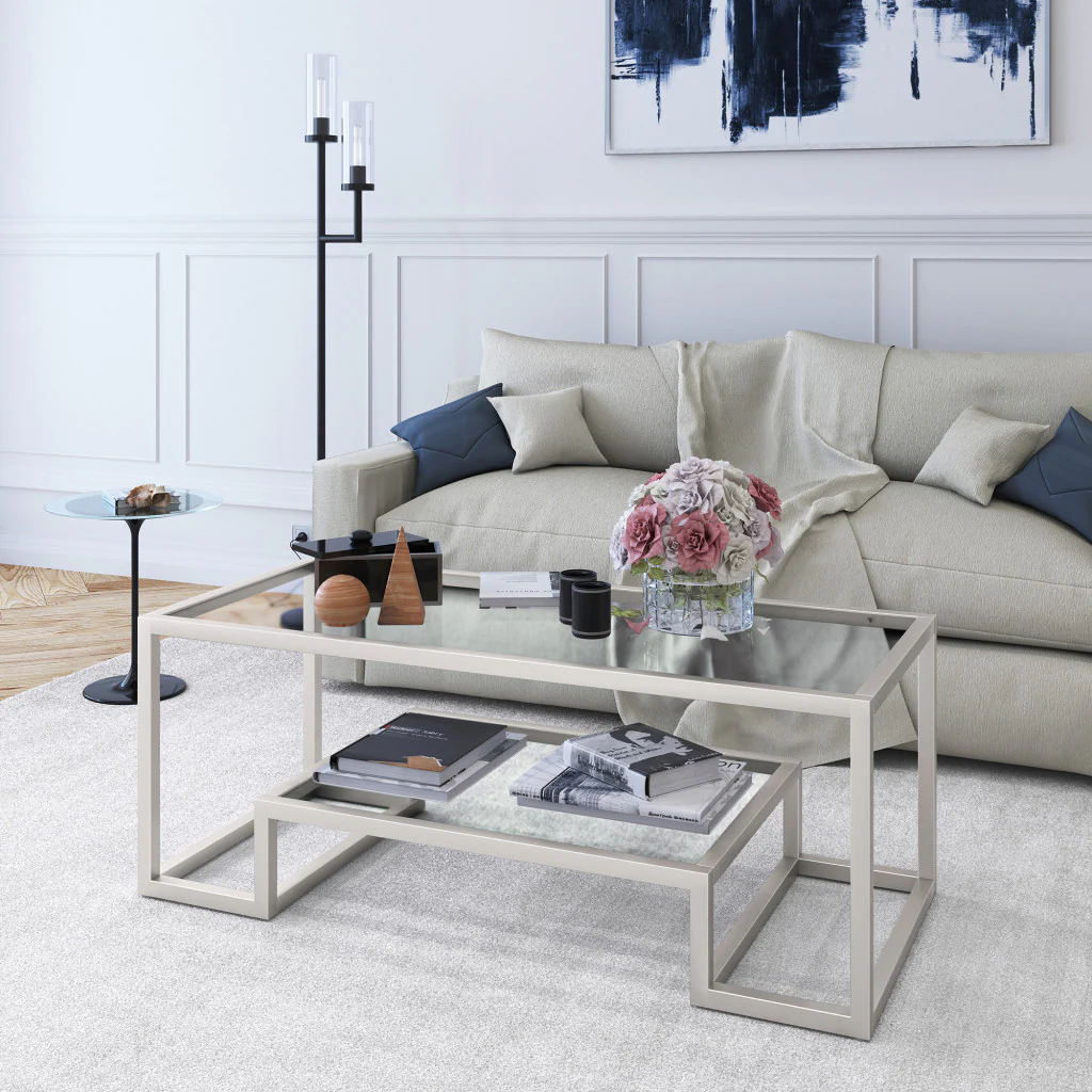 Silver Glass And Steel Coffee Table With Shelf By Homeroots - Image 4