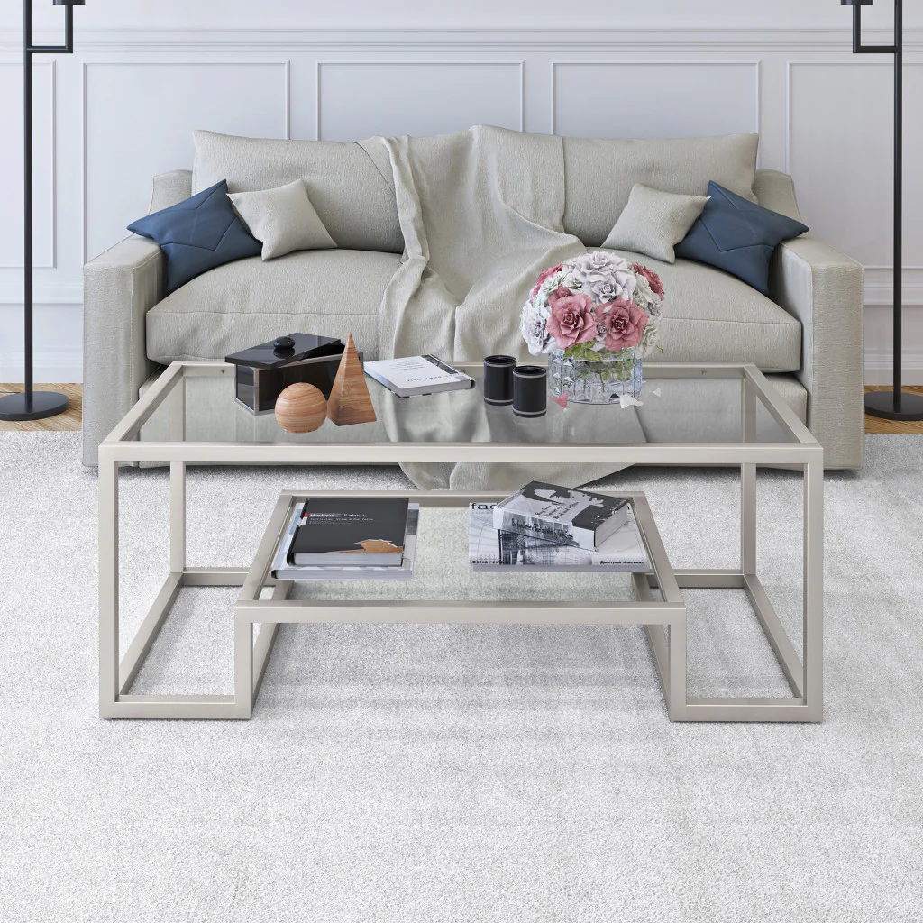 Silver Glass And Steel Coffee Table With Shelf By Homeroots - Image 8