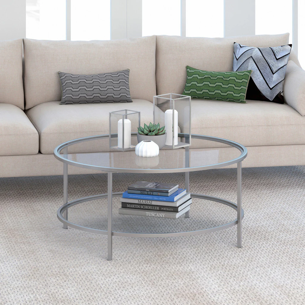 Silver Glass And Steel Round Coffee Table With Shelf By Homeroots - Image 3