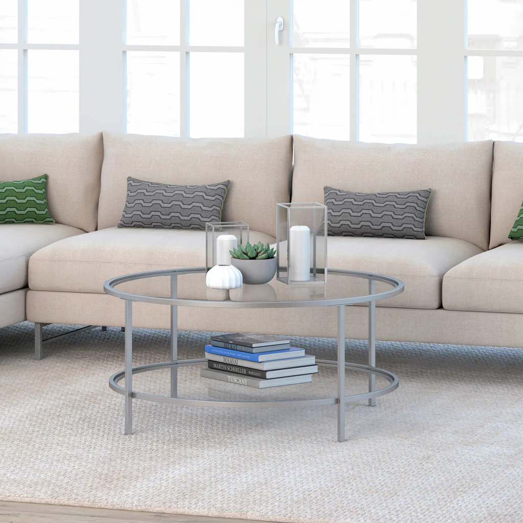 Silver Glass And Steel Round Coffee Table With Shelf By Homeroots - Image 7
