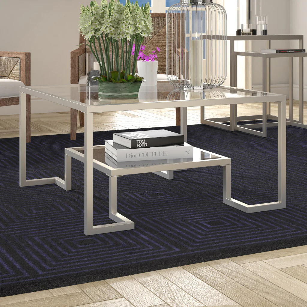 Silver Glass And Steel Square Coffee Table With Shelf By Homeroots - Image 4