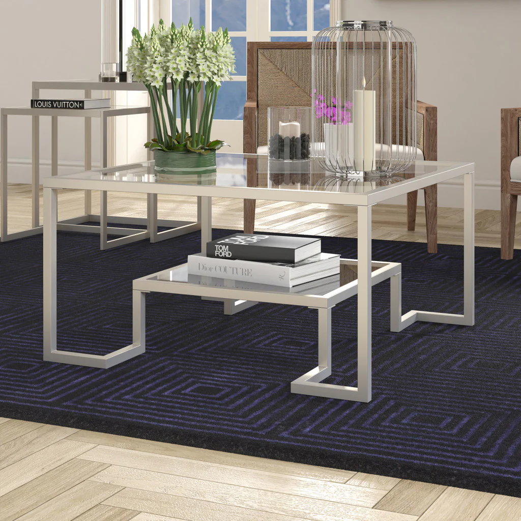 Silver Glass And Steel Square Coffee Table With Shelf By Homeroots - Image 6