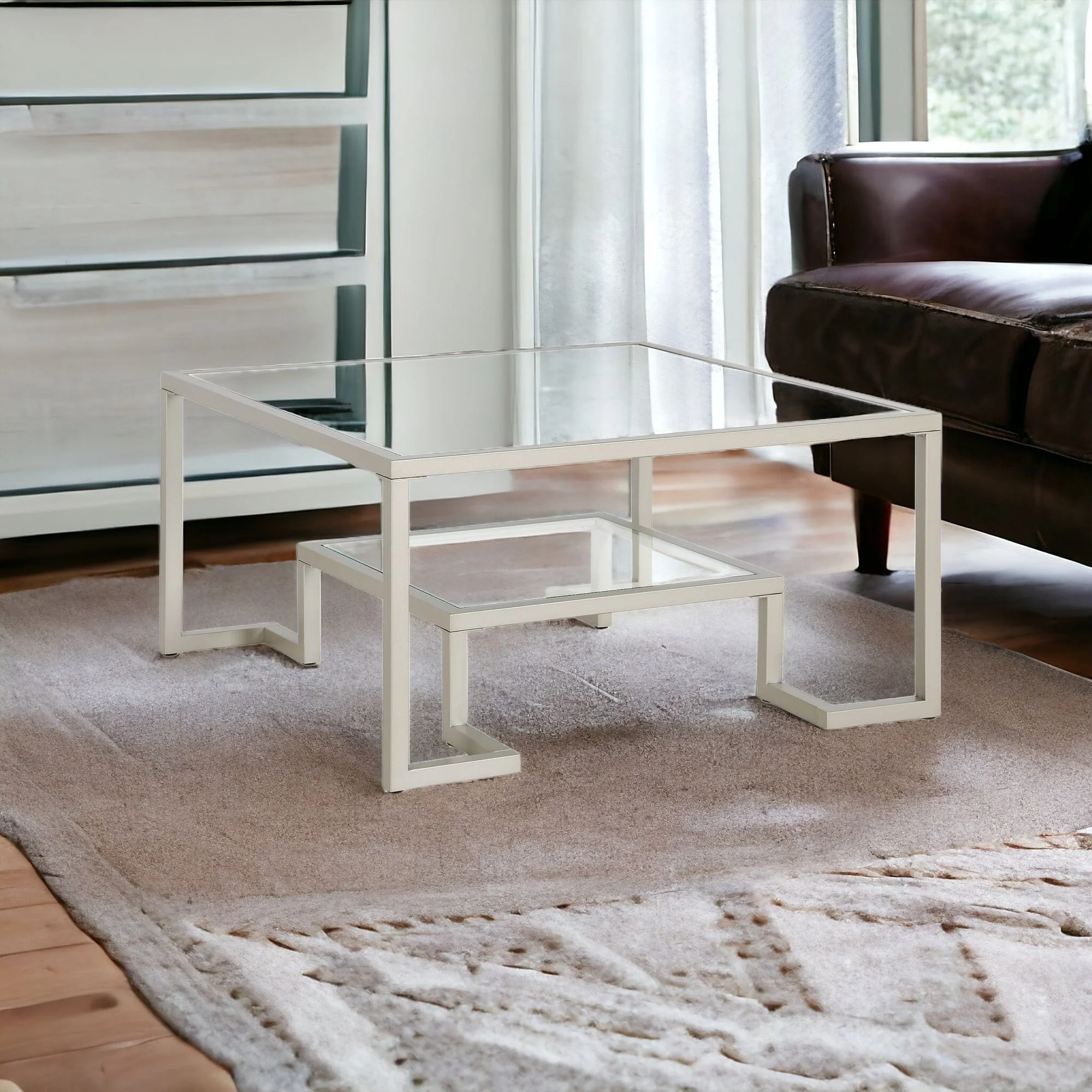 Silver Glass And Steel Square Coffee Table With Shelf By Homeroots - Image 7