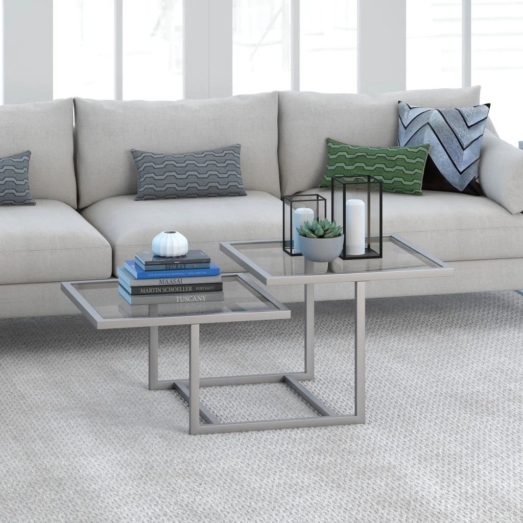 Silver Glass And Steel Square Coffee Table With Two Shelves By Homeroots - Image 4