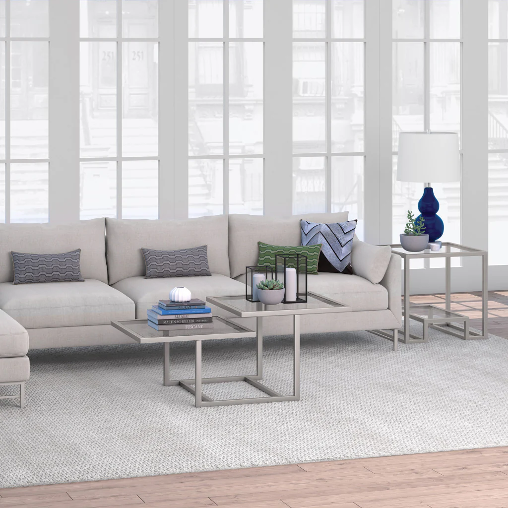 Silver Glass And Steel Square Coffee Table With Two Shelves By Homeroots - Image 5