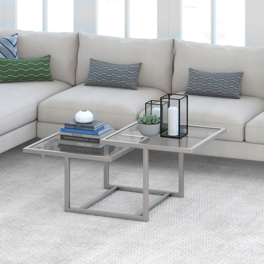Silver Glass And Steel Square Coffee Table With Two Shelves By Homeroots - Image 6