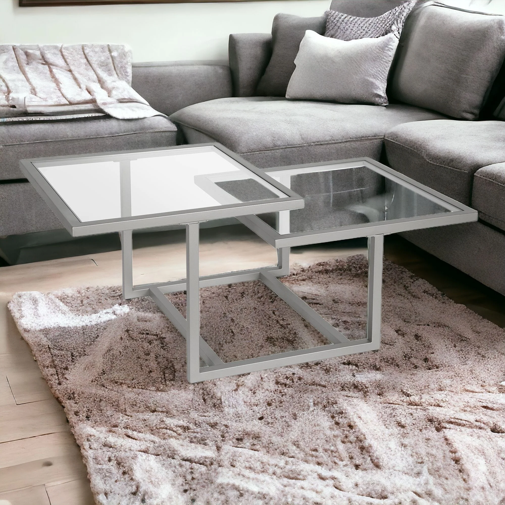 Silver Glass And Steel Square Coffee Table With Two Shelves By Homeroots - Image 7