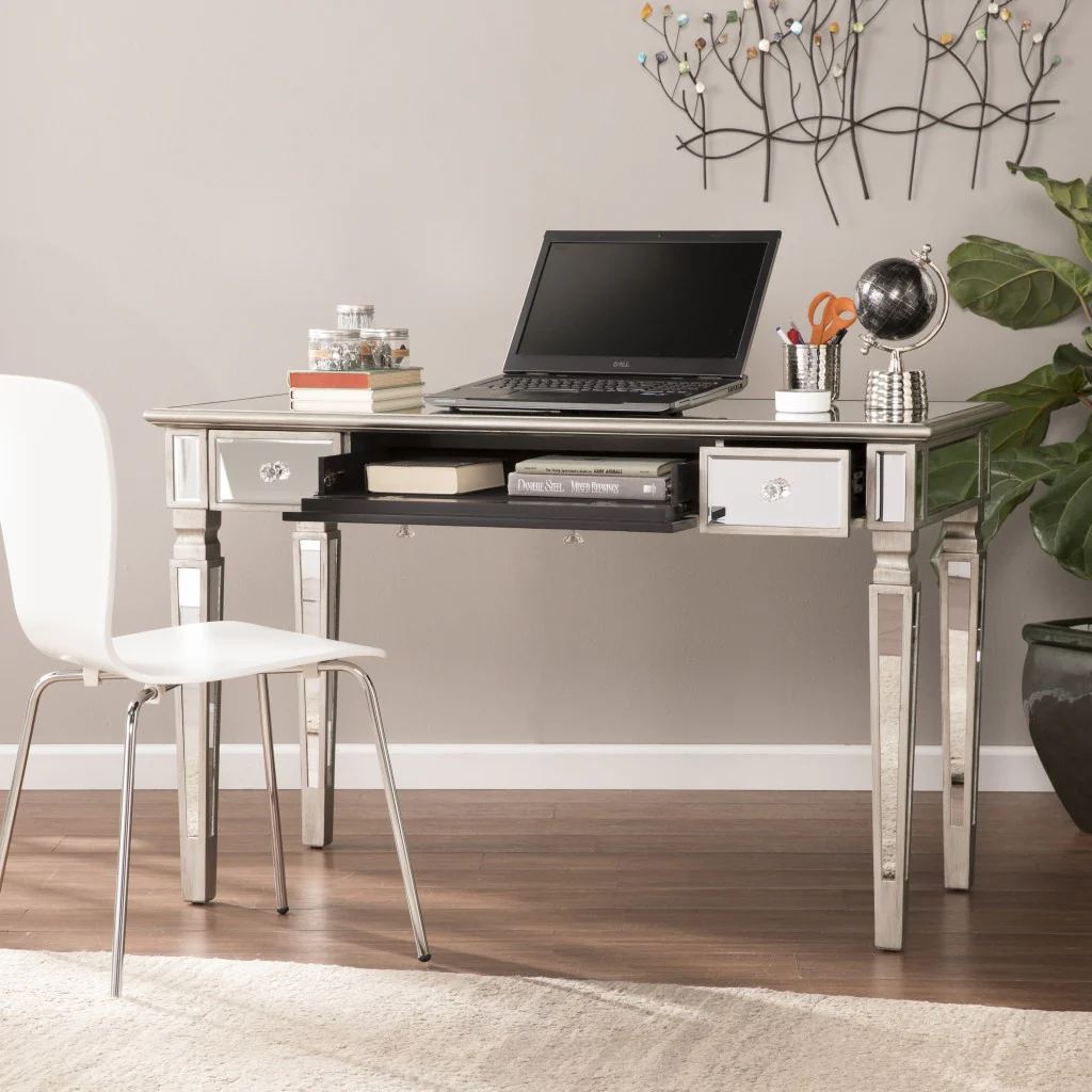 Silver Matte Mirrored Writing Desk By Homeroots - Image 2