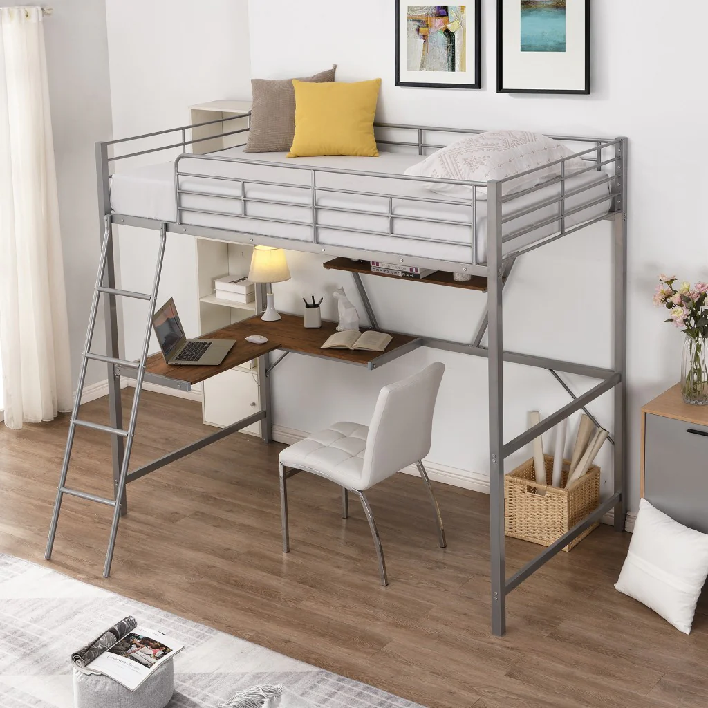 Silver Metal Loft Bed With L Shaped Desk And Shelf By Homeroots - Image 2