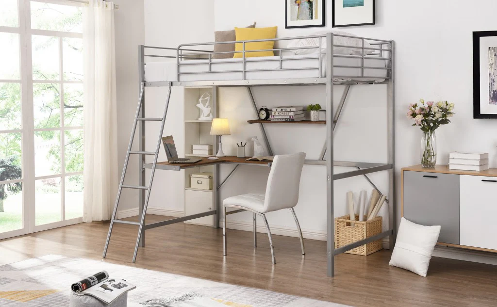 Silver Metal Loft Bed With L Shaped Desk And Shelf By Homeroots - Image 3