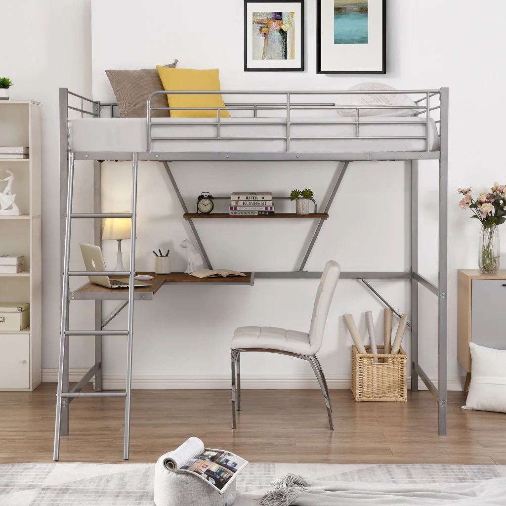 Silver Metal Loft Bed With L Shaped Desk And Shelf By Homeroots - Image 4