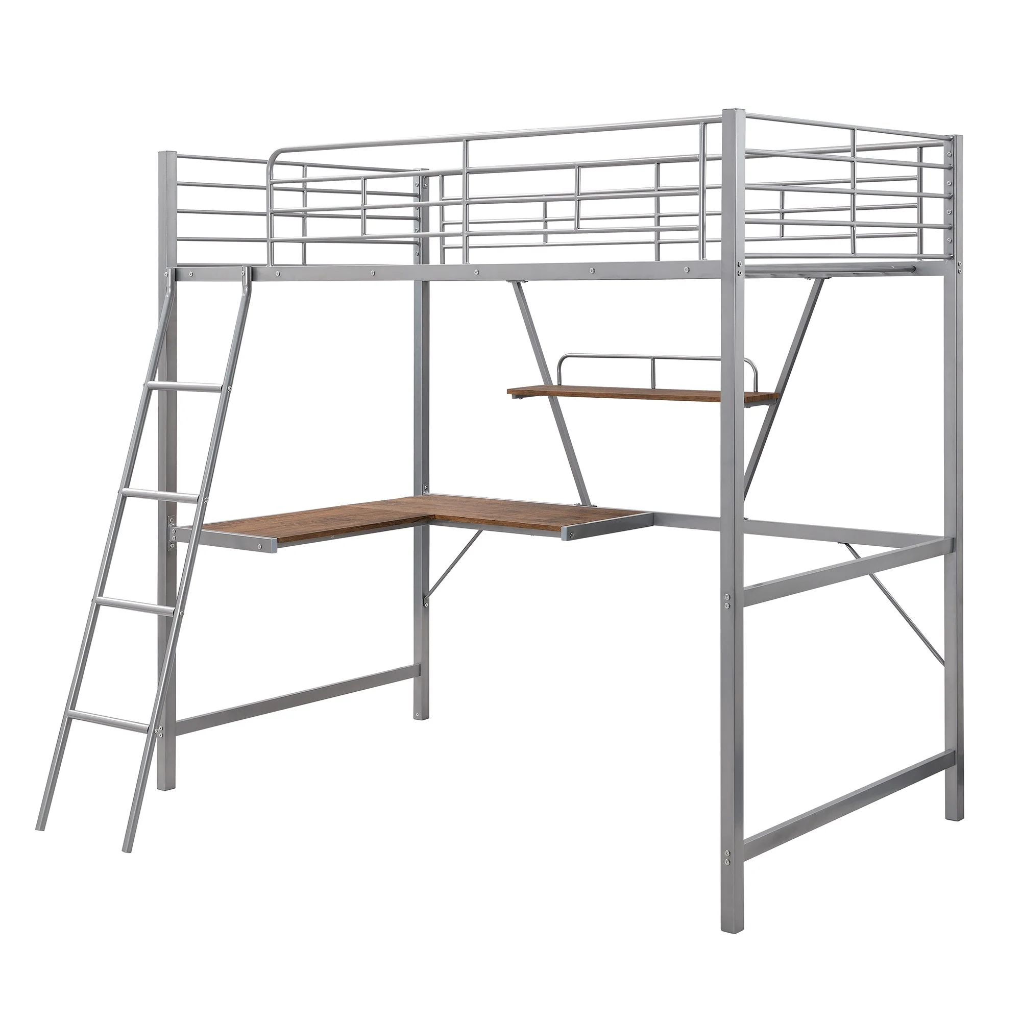 Silver Metal Loft Bed With L Shaped Desk And Shelf By Homeroots - Image 6