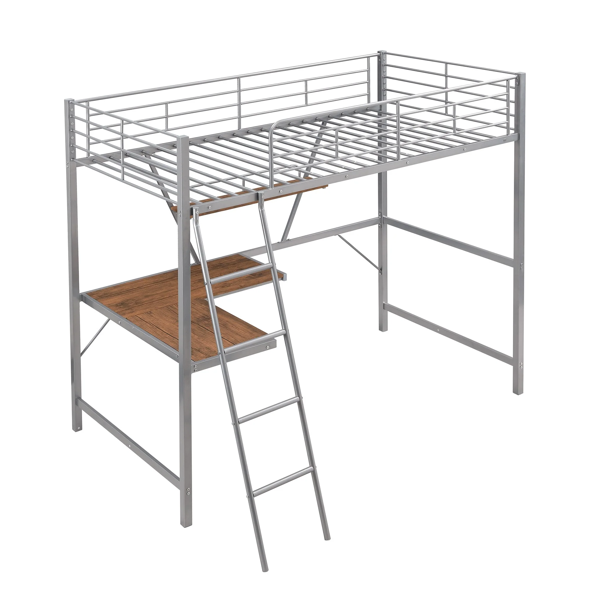 Silver Metal Loft Bed With L Shaped Desk And Shelf By Homeroots - Image 7