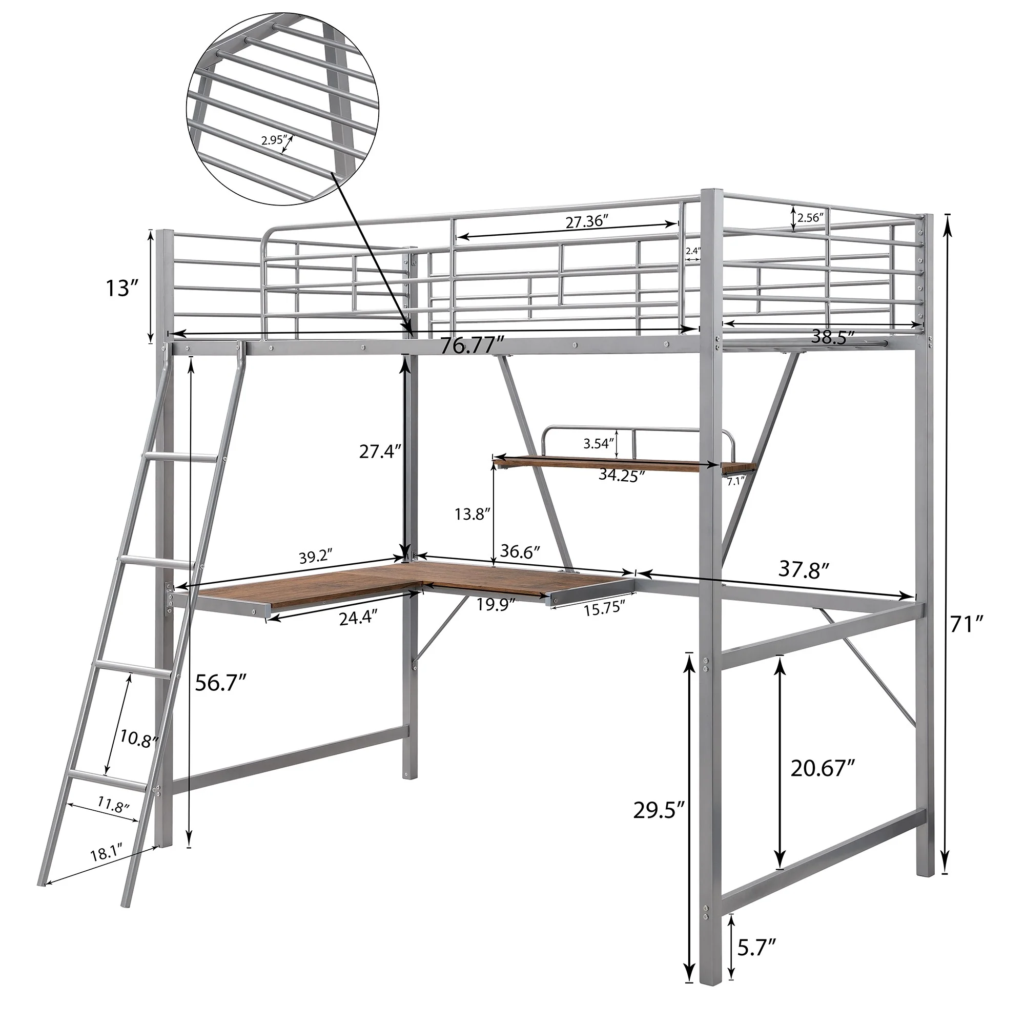 Silver Metal Loft Bed With L Shaped Desk And Shelf By Homeroots - Image 8