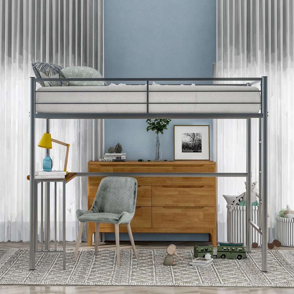 Silver Metal Twin Size Loft Bed With Desk By Homeroots - Image 2
