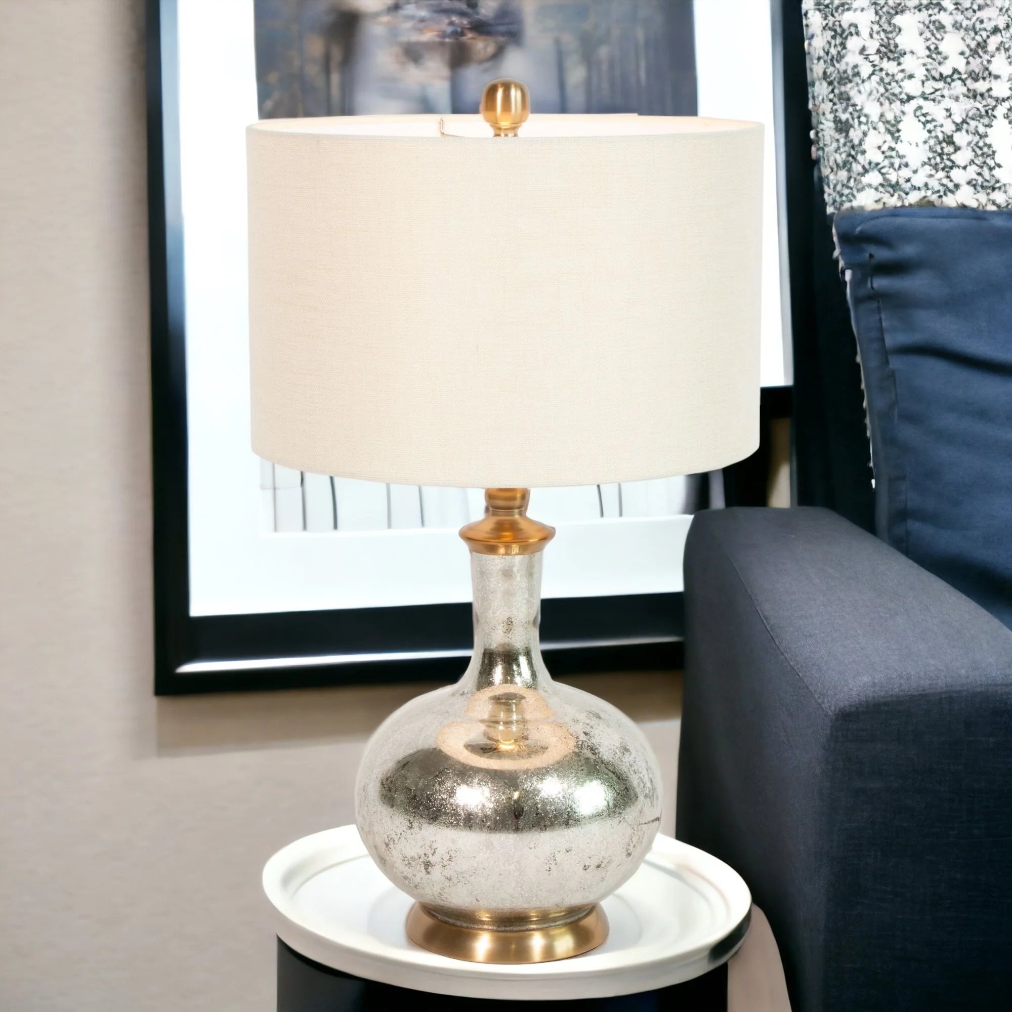 Silver Metallic Glass LED Table Lamp With Ivory Drum Shade By Homeroots - Image 7