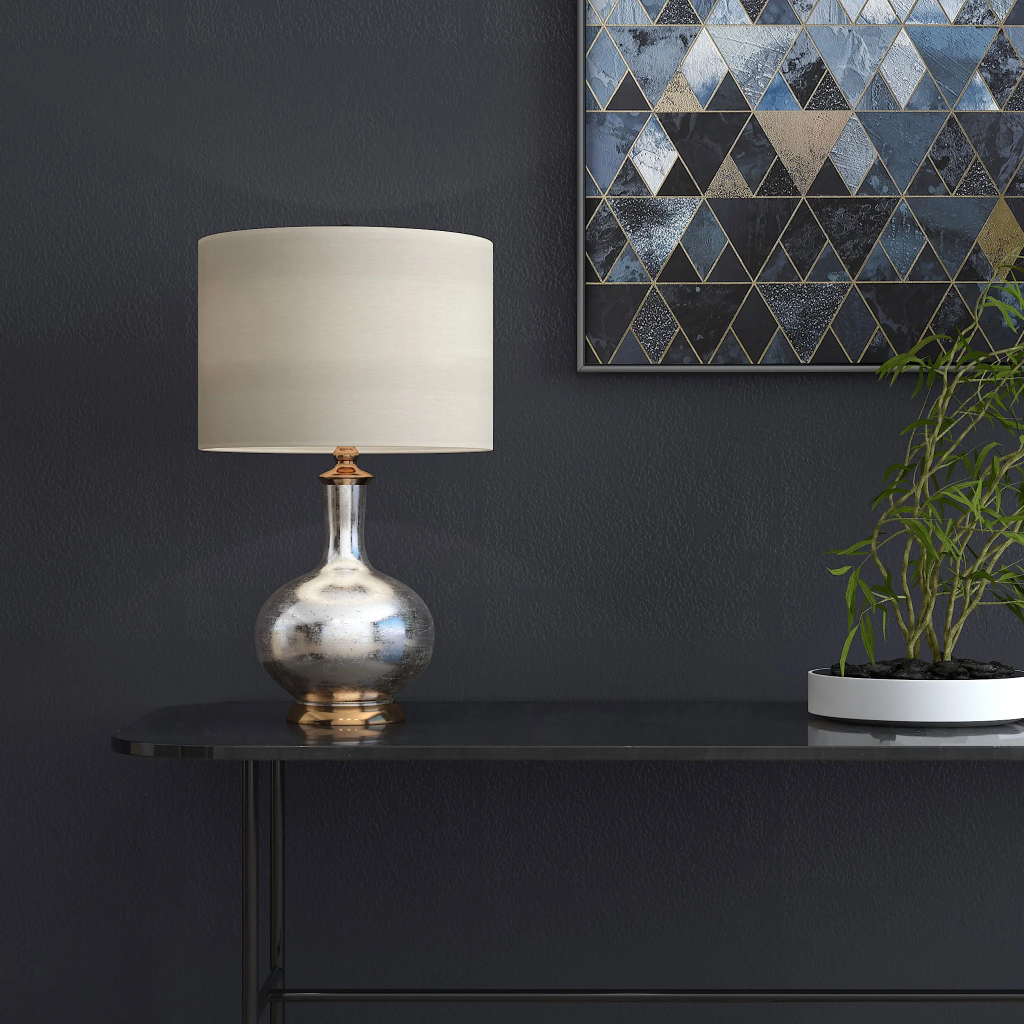 Silver Metallic Glass LED Table Lamp With Ivory Drum Shade By Homeroots - Image 8