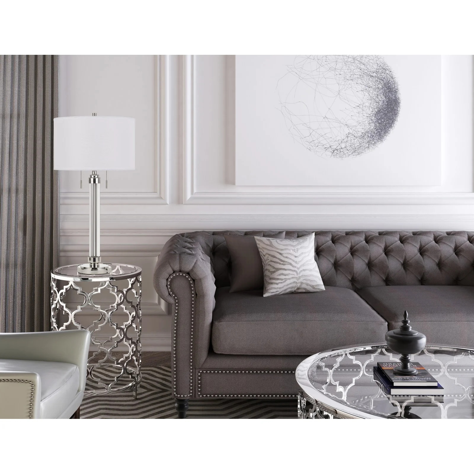 Silver Metallic Metal Two Light Cylinder Table Lamp With White Drum Shade By Homeroots - Image 3