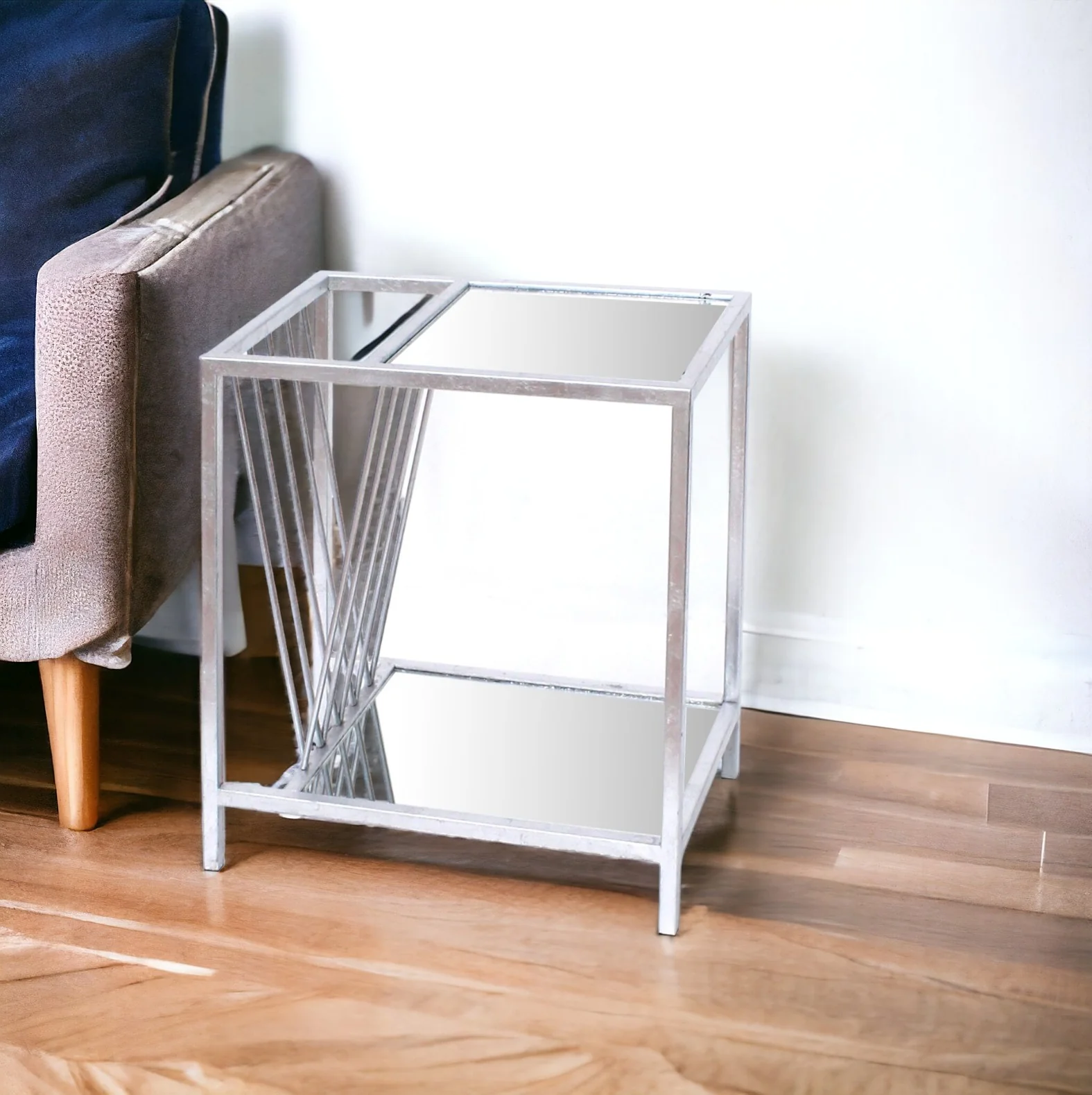 Silver Mirrored Glass And Iron End Table With Shelf By Homeroots - Image 2