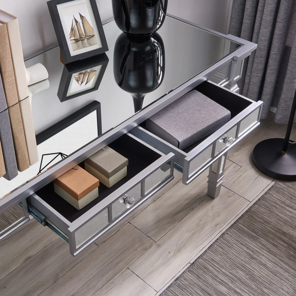 Silver Mirrored Writing Desk with Drawers By Homeroots - Image 2