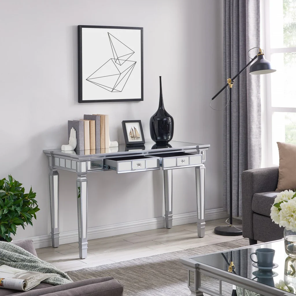 Silver Mirrored Writing Desk with Drawers By Homeroots - Image 3