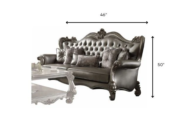 Silver PU Antique Platinum Upholstery Poly Resin Sofa w Pillows By Homeroots - Image 3