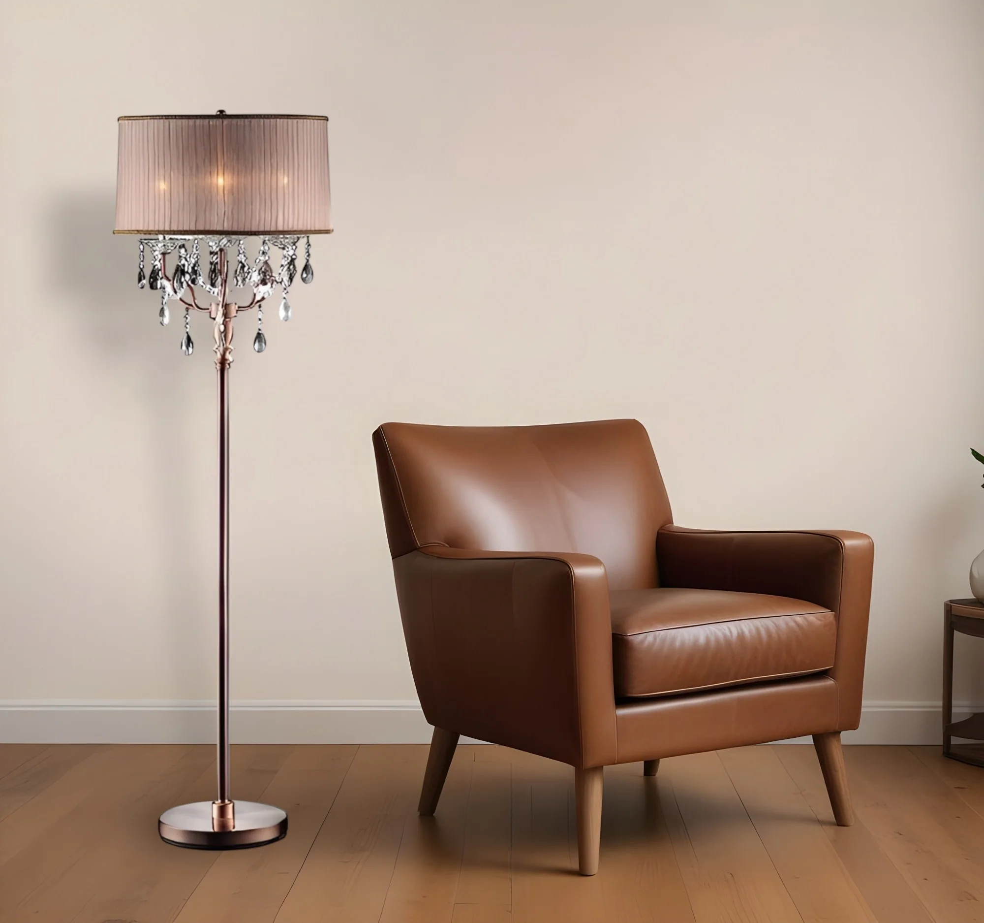 Silver Three Light Candelabra Floor Lamp With Pink Fabric Drum Shade By Homeroots - Image 2