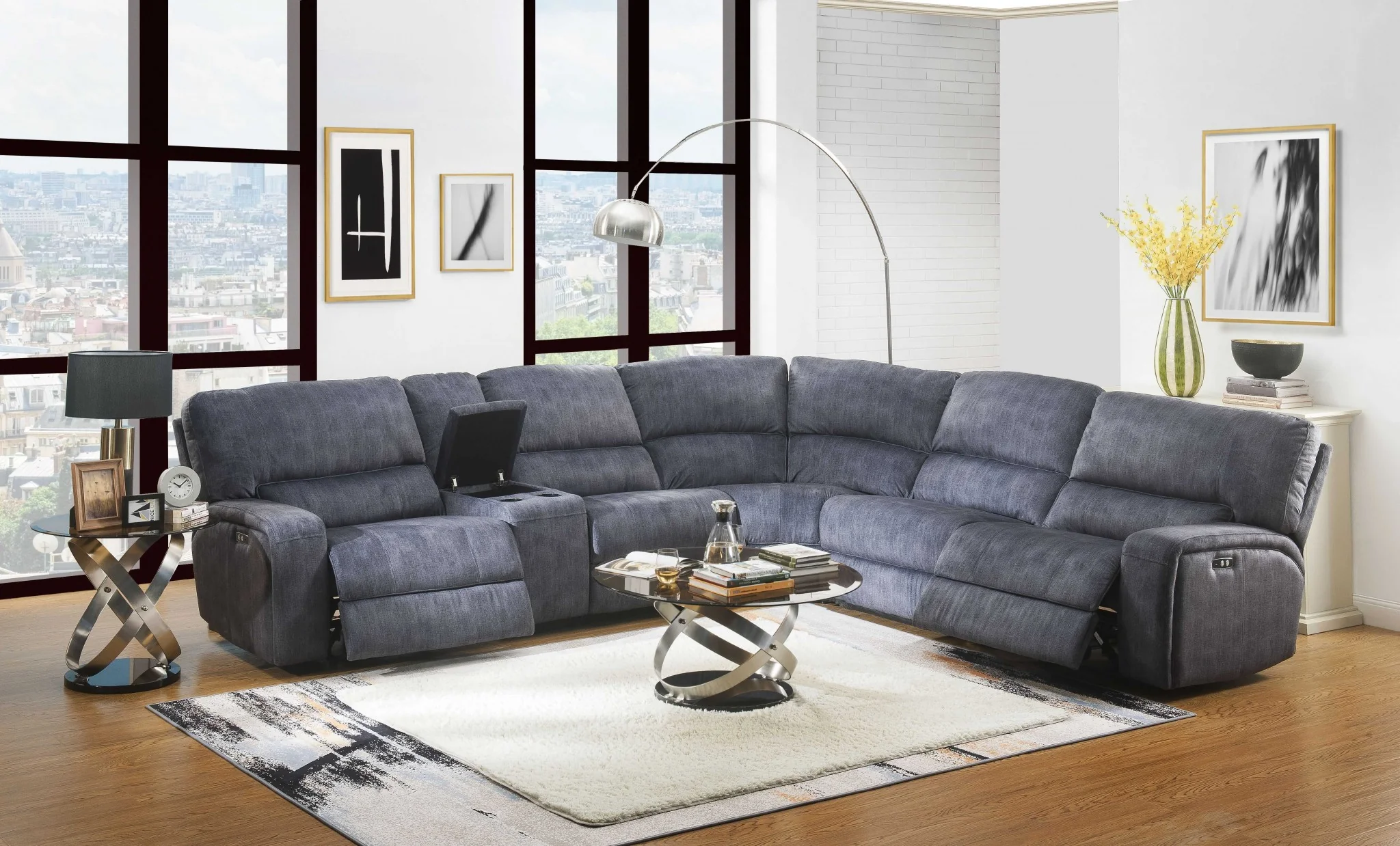 Slate Blue Velvet Upholstery Metal Reclining Mechanism Sectional Sofa (Power Motion) By Homeroots - Image 3