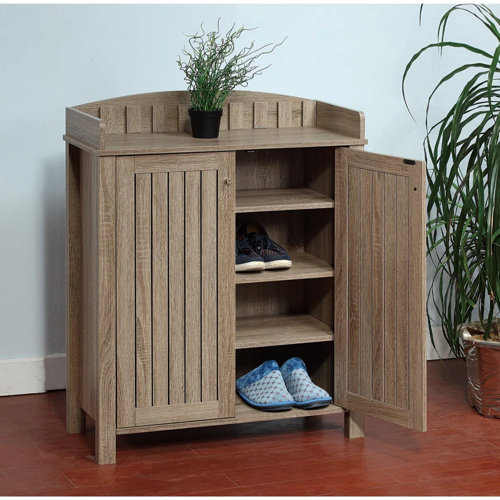Slatted Pattern Shoe Cabinet With Molded Top, Brown By Benzara - Image 2