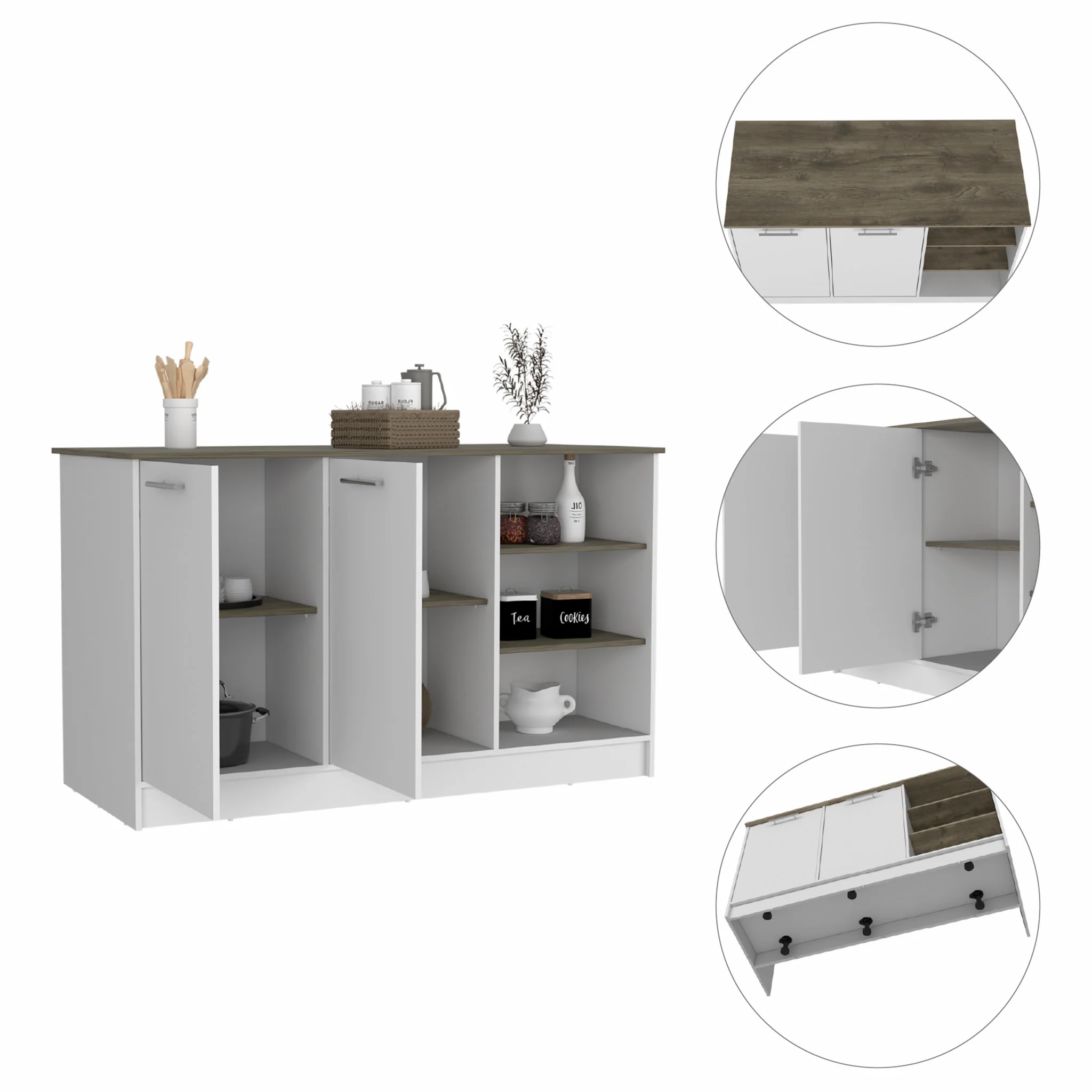 Sleek and Modern White and Dark Brown Kitchen Island By Homeroots - Image 3