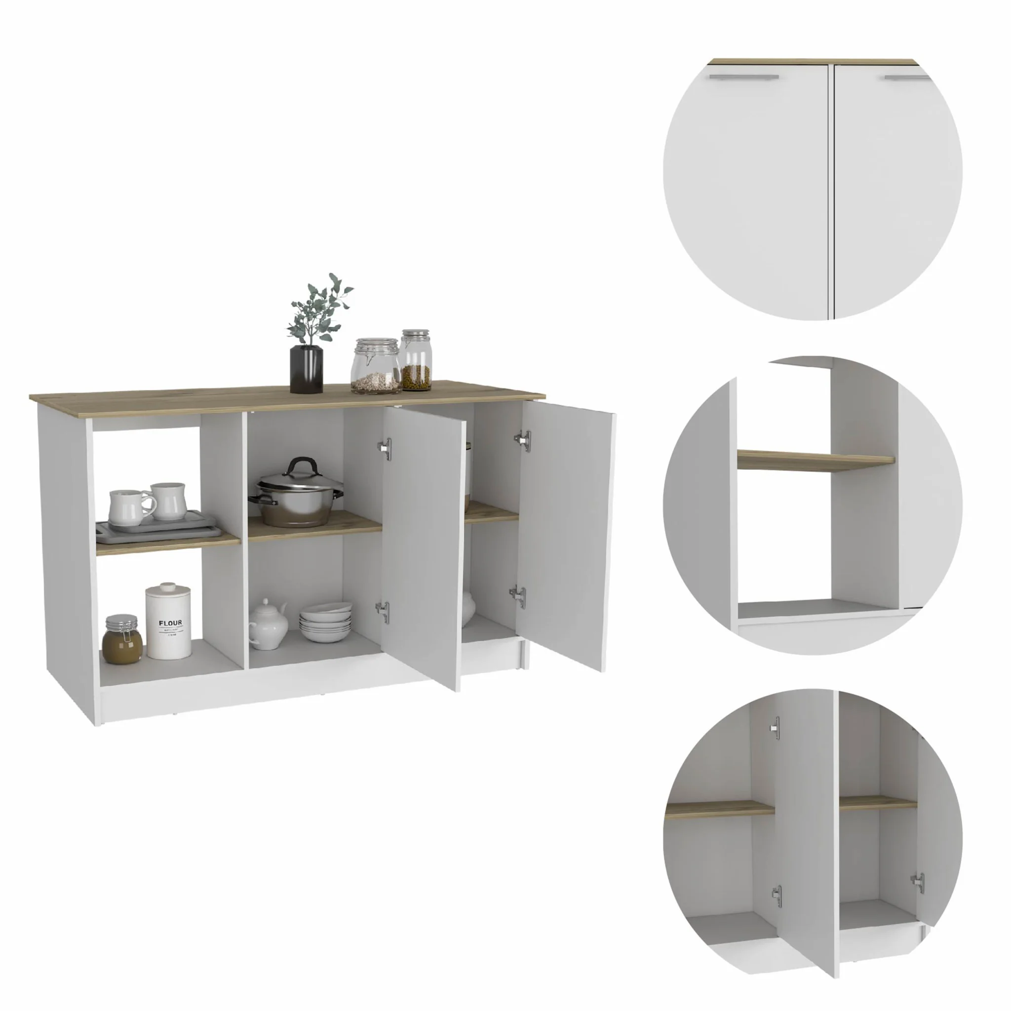 Sleek and Modern White and Light Oak Kitchen Island By Homeroots - Image 3