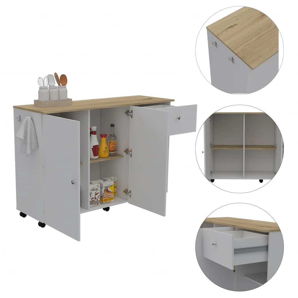 Sleek and Modern White Pine Kitchen Island Cart By Homeroots - Image 3
