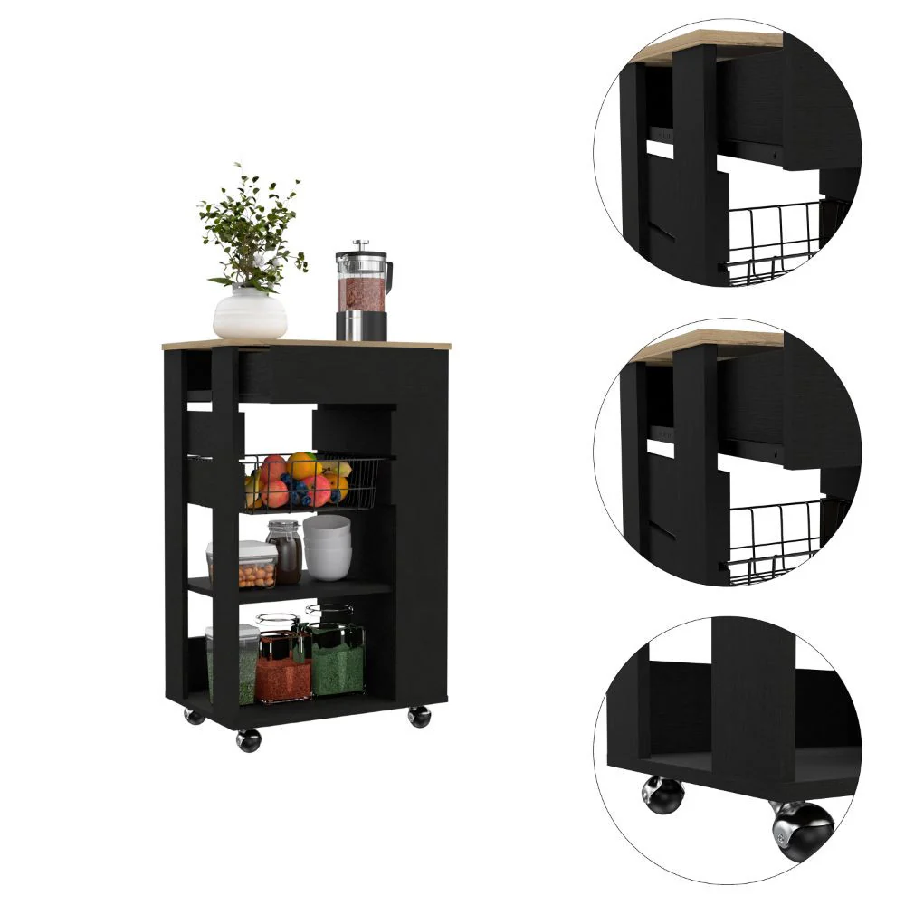 Sleek Black and Light Oak Portable Kitchen Cart By Homeroots - Image 3